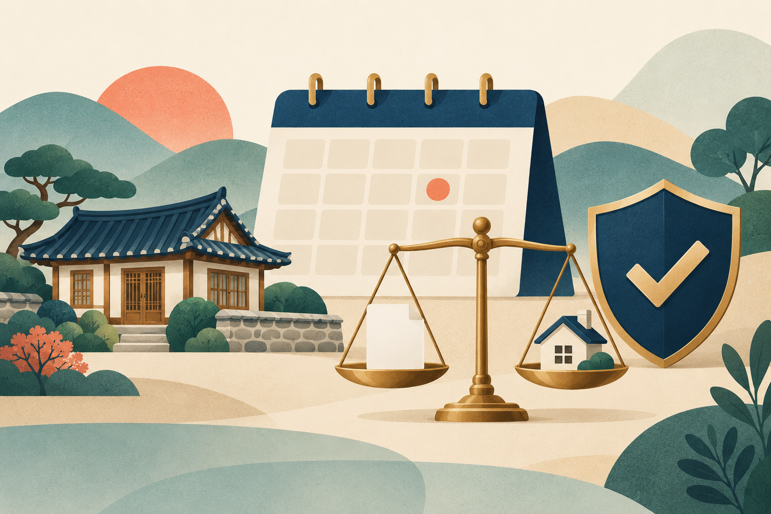 노후 가구의 소득과 재산을 저울로 확인하고 기초연금 신청을 준비하는 일러스트